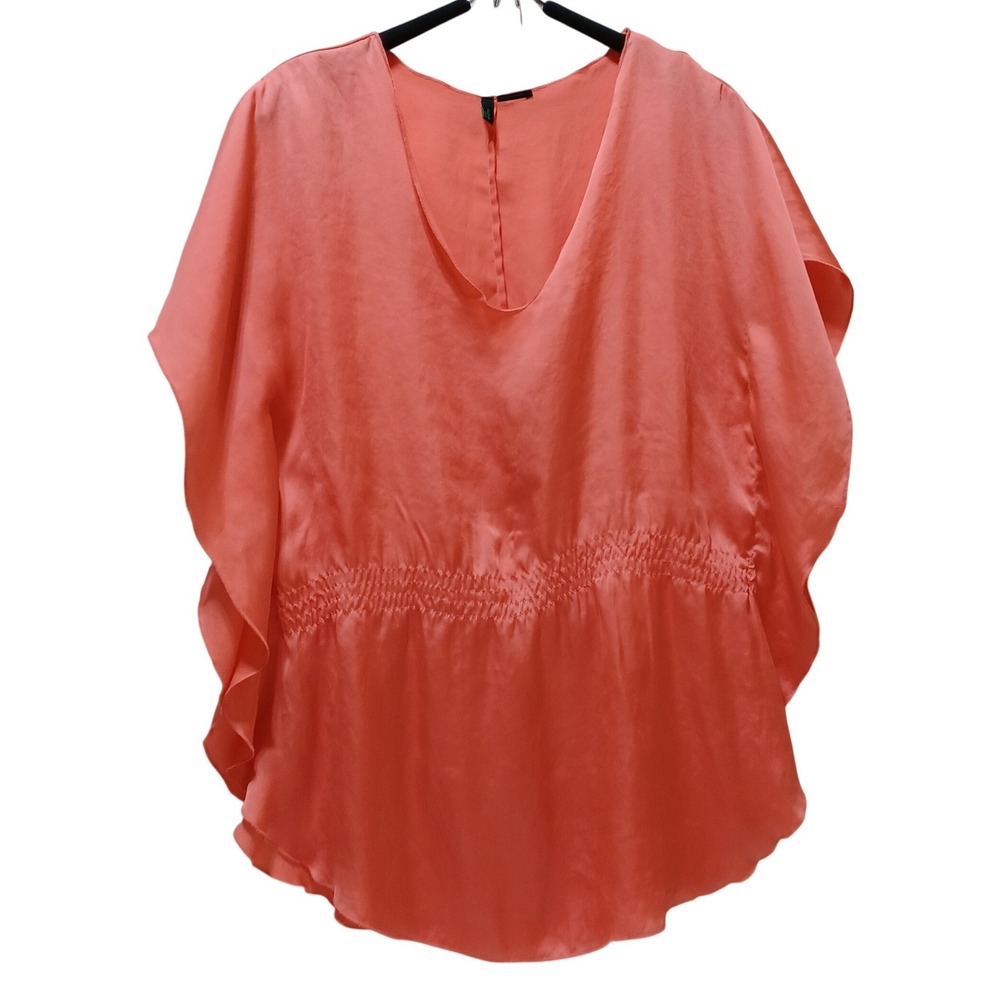 Stile Benetton Womens M Flutter Sleeve Smocked Waist Coral Blouse Flowy Romantic